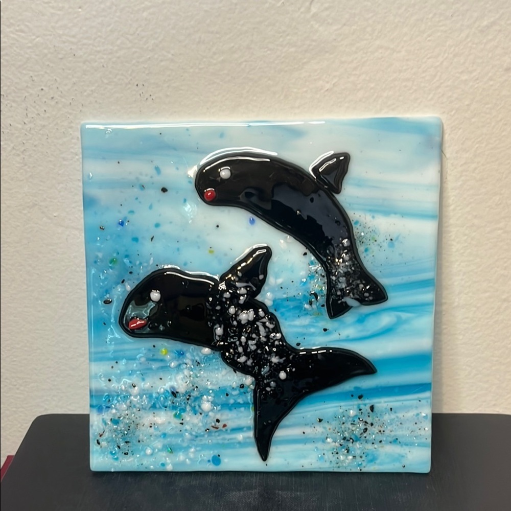 Fused Art Glass Orcas in the Ocean Handmade Lampwork Tile